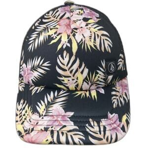 Volcom Black Pink Tropical Floral Leaf Mesh Snapback Trucker Hat One Size